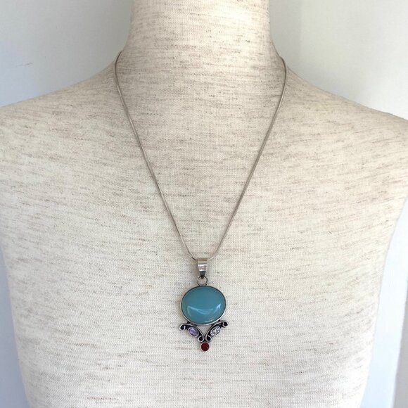 Sterling Silver 925 Chalcedony Amethyst Garnet Iolite Pendant Necklace 20" Chain - Picture 2 of 16